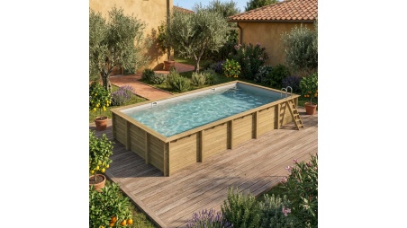 Piscina de madera AQUA 10.2 x 5.2 – H.1.45 m, gris, sobre bastidor - sin solera