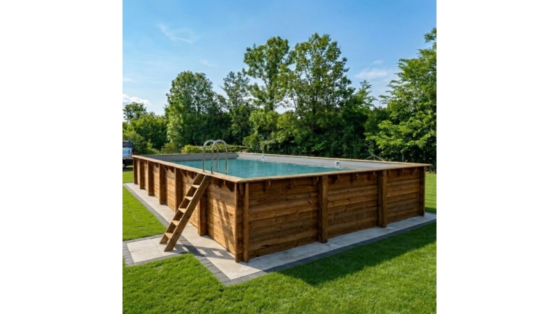 Piscina de madera AQUA 10.2 x 5.2 – H.1.45 m, gris, sobre bastidor - sin solera