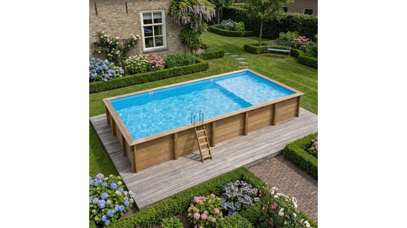 Piscina de madera AQUA 10.2 x 5.2 - H.1.45 m con playa, azul claro, con vigas a encastrar en la solera