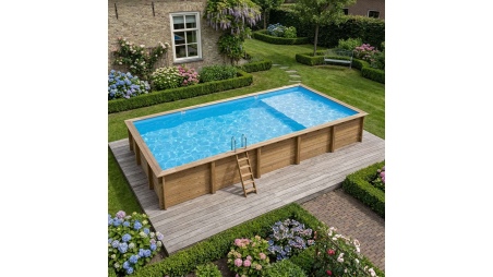 Piscina de madera AQUA 10.2 x 5.2 - H.1.45 m con playa, azul claro, con vigas a encastrar en la solera