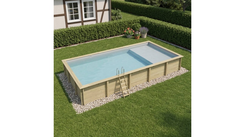 Piscina de madera AQUA 10.2 x 5.2 - H.1.45 m con playa, gris, con vigas a encastrar en la solera