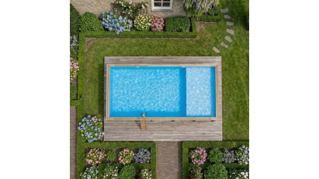 Piscina de madera AQUA 10.2 x 5.2 - H.1.45 m con playa, azul claro, con vigas a atornillar a la solera