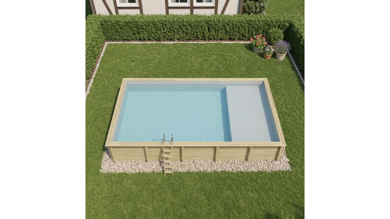 Piscina de madera AQUA 10.2 x 5.2 - H.1.45 m con playa, gris, con vigas a atornillar a la solera