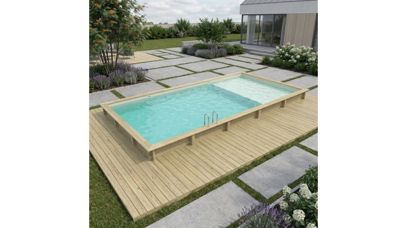 Piscina de madera AQUA 10.2 x 5.2 - H.1.45 m con playa, arena, con vigas a atornillar a la solera