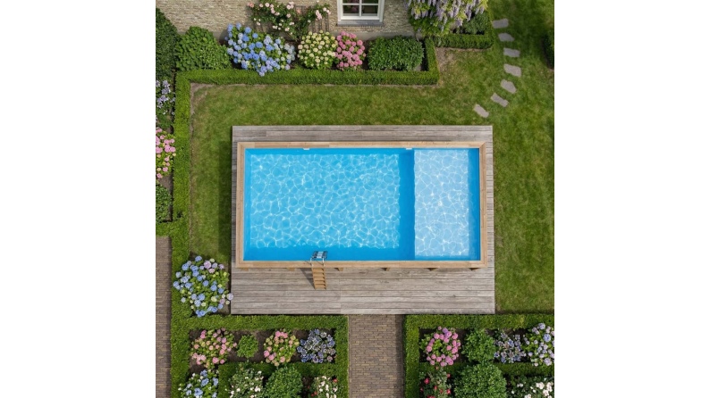 Piscina de madera AQUA 10.2 x 5.2 – H.1.45 m con playa, azul claro, sobre bastidor - sin solera
