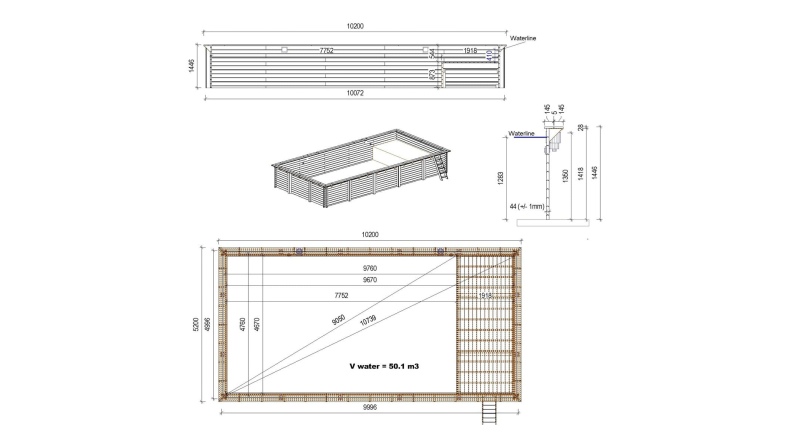 Piscina de madera AQUA 10.2 x 5.2 – H.1.45 m con playa, azul claro, sobre bastidor - sin solera