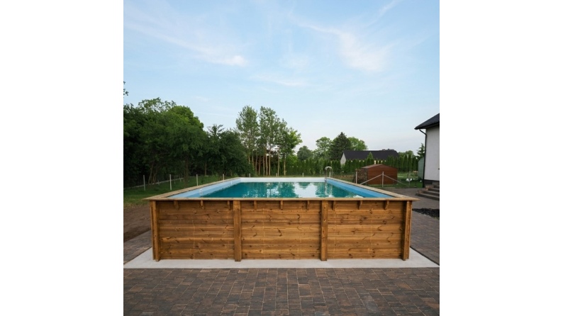 Piscina de madera AQUA 10.2 x 5.2 – H.1.45 m con playa, azul claro, sobre bastidor - sin solera