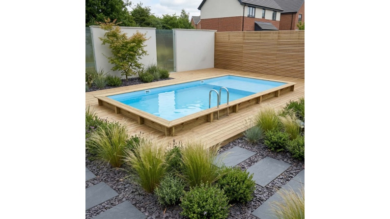 Piscina de madera AQUA 10.2 x 5.2 – H.1.45 m con playa, azul claro, sobre bastidor - sin solera