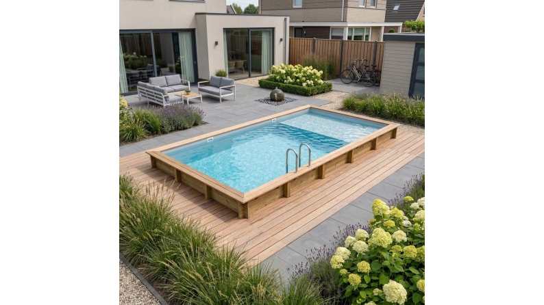 Piscina de madera AQUA 10.2 x 5.2 – H.1.45 m con playa, gris, sobre bastidor - sin solera