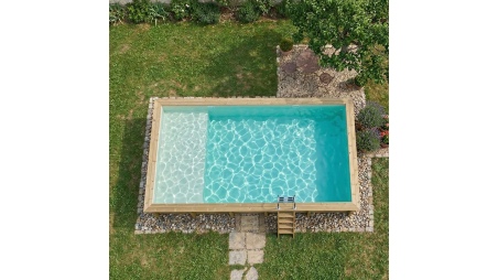 Piscina de madera AQUA 10.2 x 5.2 – H.1.45 m con playa, arena, sobre bastidor - sin solera